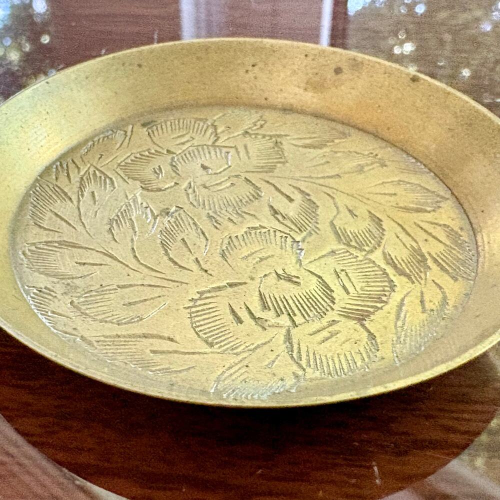 Vintage India Brass Etched Floral Catchall Dish, 2.75”